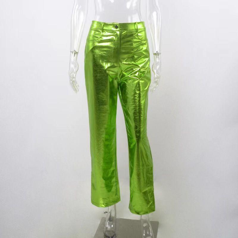 

Fashion Style New Arrival Pu Tight Stretch Pants Pure Color Slim-Fitting Straight Pants Pu Straight Leg Pants Green S