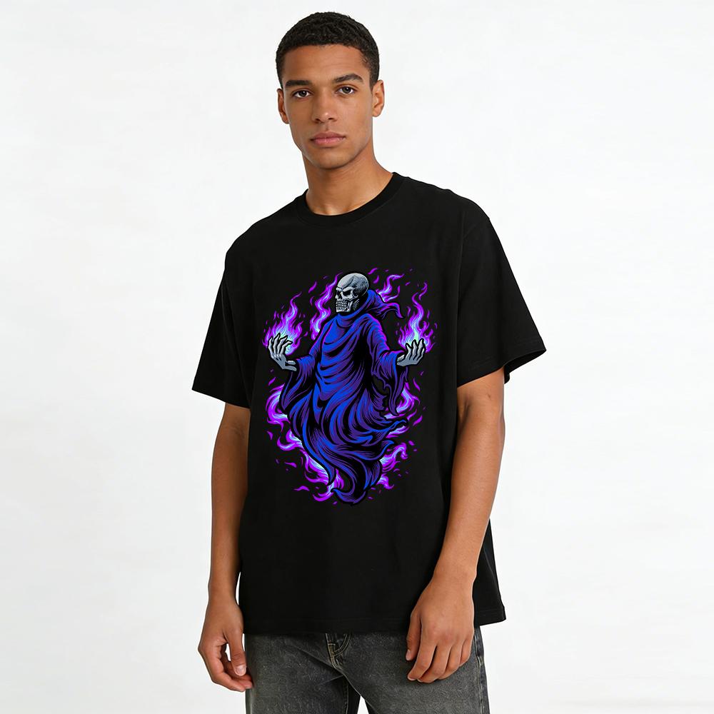 Dark Style Skull Ghost Flame Print Trendy Casual Top Pure Cotton T-shirt