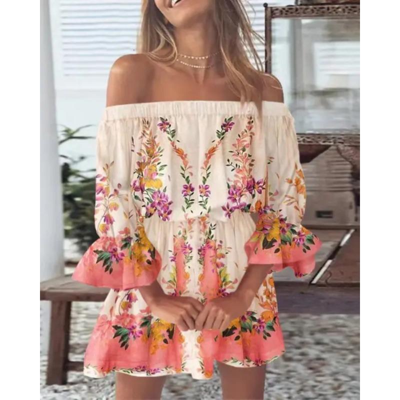 Sexy Fashion Shoulder Print Dress Women's Clothing