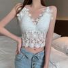 Dámský krajkový top s výstřihem do V a sexy zády, crop top s dutým výstřihem a podprsenkou, květinový výšivkový top Y2K 2025