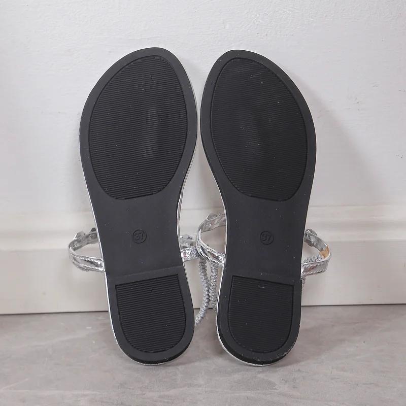 Fashion Rhinestone Decor Women Beach Shoes Women's Solid Color Thong Sandals Elastic Ankle Strap Lightweight Soft Sole Glitter Shoes