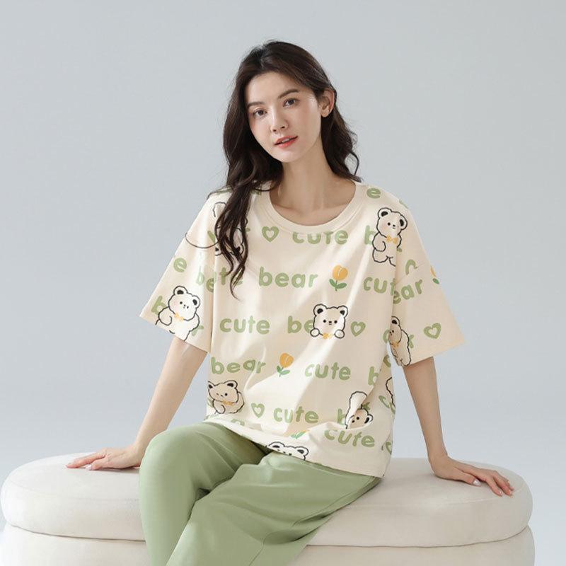 Short-sleeved long pants pajamas women's summer cartoon cute can be worn outside plaid loungewear imitation cotton suit summer thin