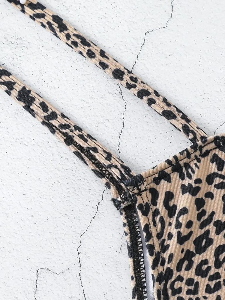 Leopardenmuster Bikini Set Damen Ausgeschnittenes Dreieck BH zum Binden String Split Biquini Badeanzug Sexy Badeanzug 2-teilige Sets