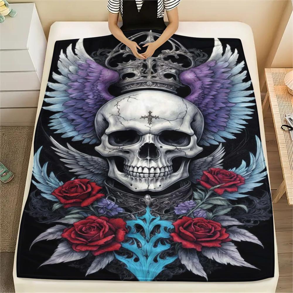1Pc Skull Head Print Flannel Blanket, High Quality Comfortable for All Seasons, Home Decor, Warmth and Comfort, Perfect for Gifts