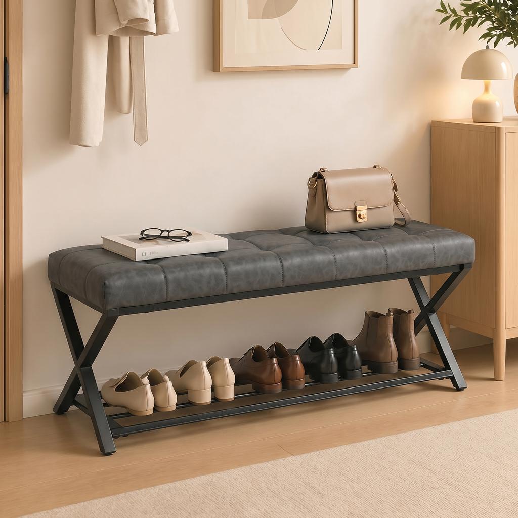 Shoe Bench, Entryway Bench with Faux Leather Cushion, Shelf, Load Capacity up to 220 kg, for Hallway, Entryway, 112 x 37 x 47 cm, Dark Grey