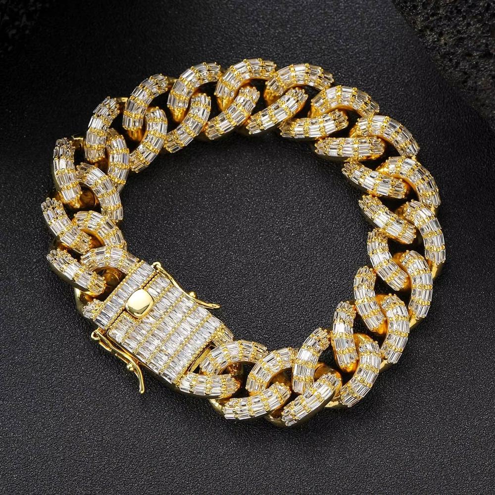Hip Hop Rap Jewelry 16mm Iced Out Baguette CZ Miami Cuban Link Chain Gold Plated Bracelet for Men