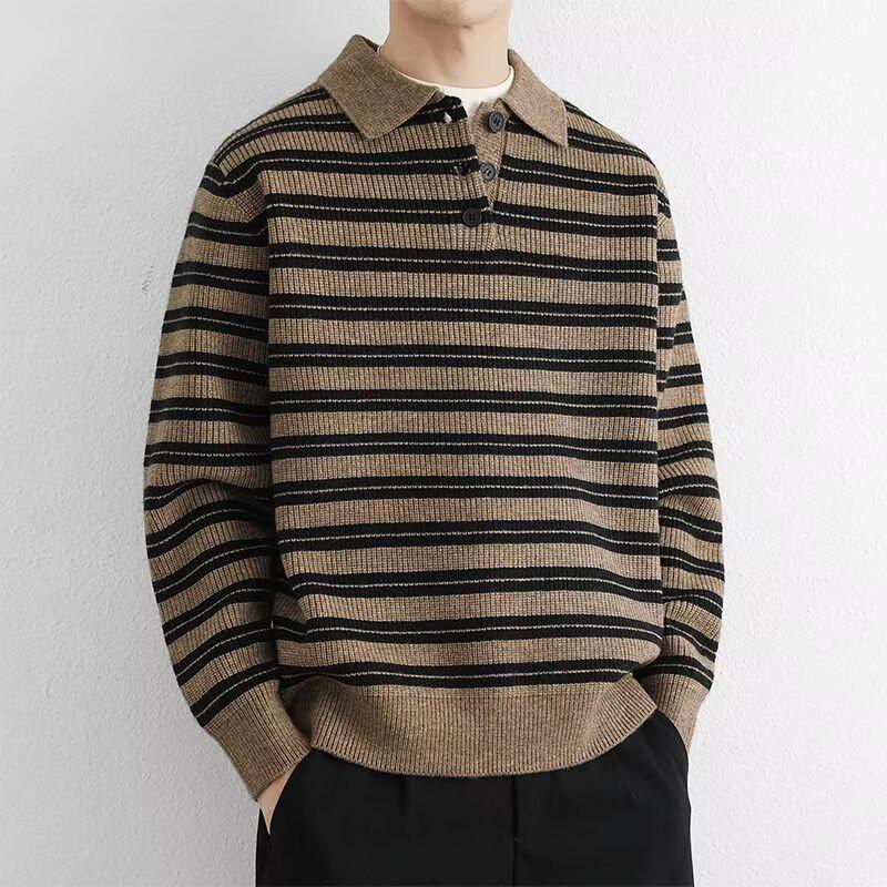 Men s Retro Striped Polo Collar Knit Pullover for Autumn/Winter Large