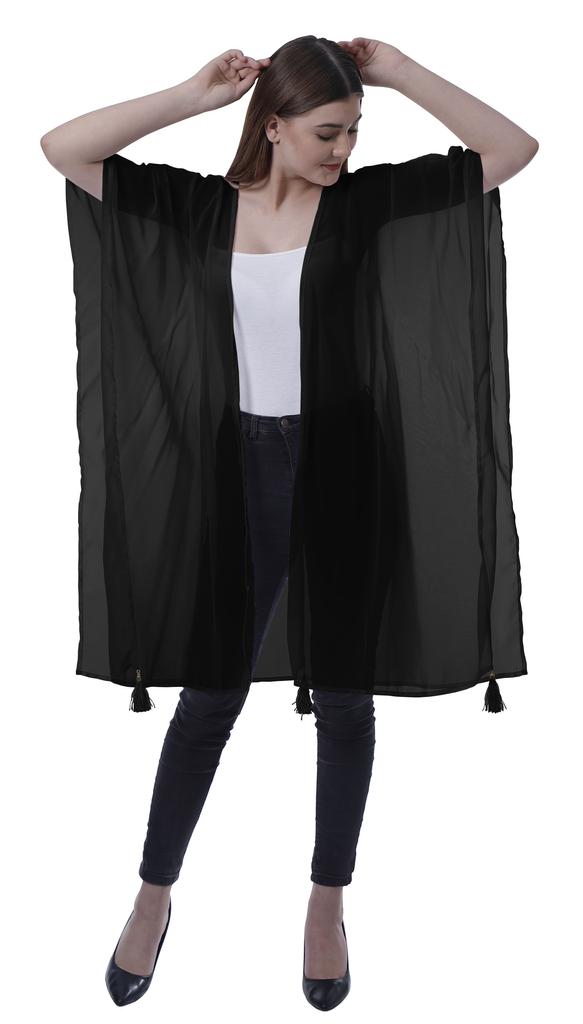 Moomaya Womens Georgette Shrug Open Front Long Sheer Coverup w  Tassels