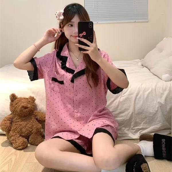 

Korean version of cute polka dot girl pajamas summer short-sleeved shorts lace suit fashionable simple style girls loungewear S [recommended weight 35-40kg ]