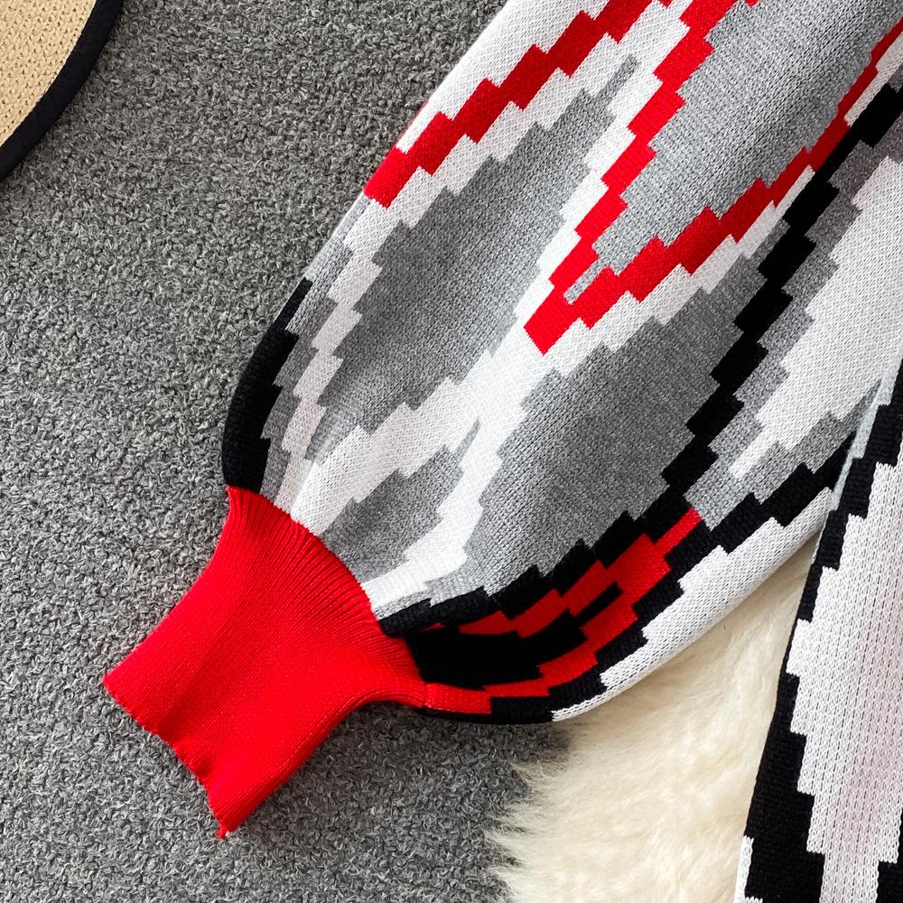 Conjunto de Moda para Mujer Otoño Invierno Suéter Holgado de Manga Larga a Cuadros Conjunto de Dos Piezas Pantalones de Punto Rectos de Pierna Ancha Adelgazantes de Cintura Alta