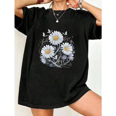 Übergroßes T-Shirt Schwarz Gänseblümchen Blume Glaube Hoffnung Liebe Aufdruck Lässige Sommerbekleidung