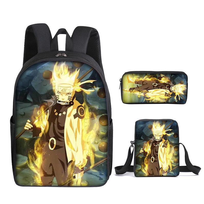 Naruto Naruto Rucksack Dreiteiliges Set, Schulranzen für Grund- und Sekundarschule, Umhängetasche, Messenger Bag, Federmäppchen.