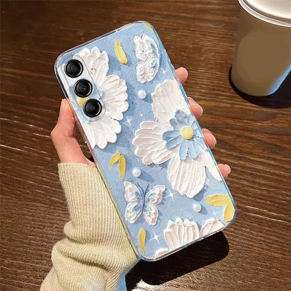 For Samsung Galaxy M13 M14 M15 M23 M33 M34 M53 M54 M55 Oil Painting White Daisy Flower Phone Case Clear Transparent Couple Cover