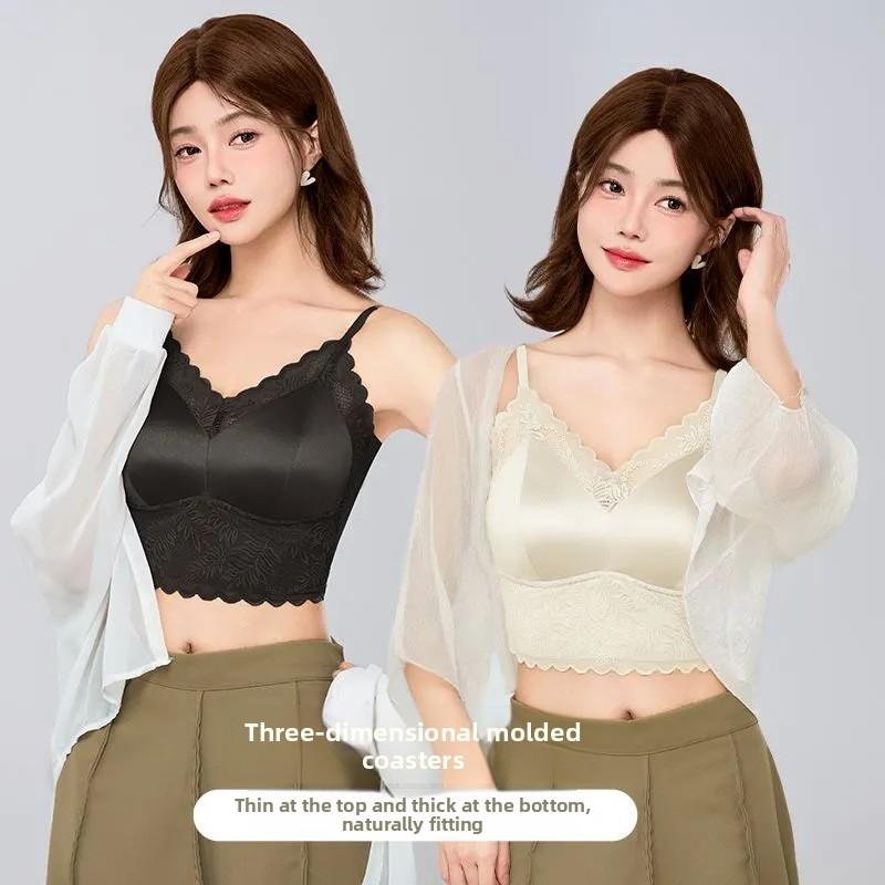 French Style Satin Lace Fixed Cup Camisole, Sexy Breathable Sheer Inner Wear Women's Tank Top