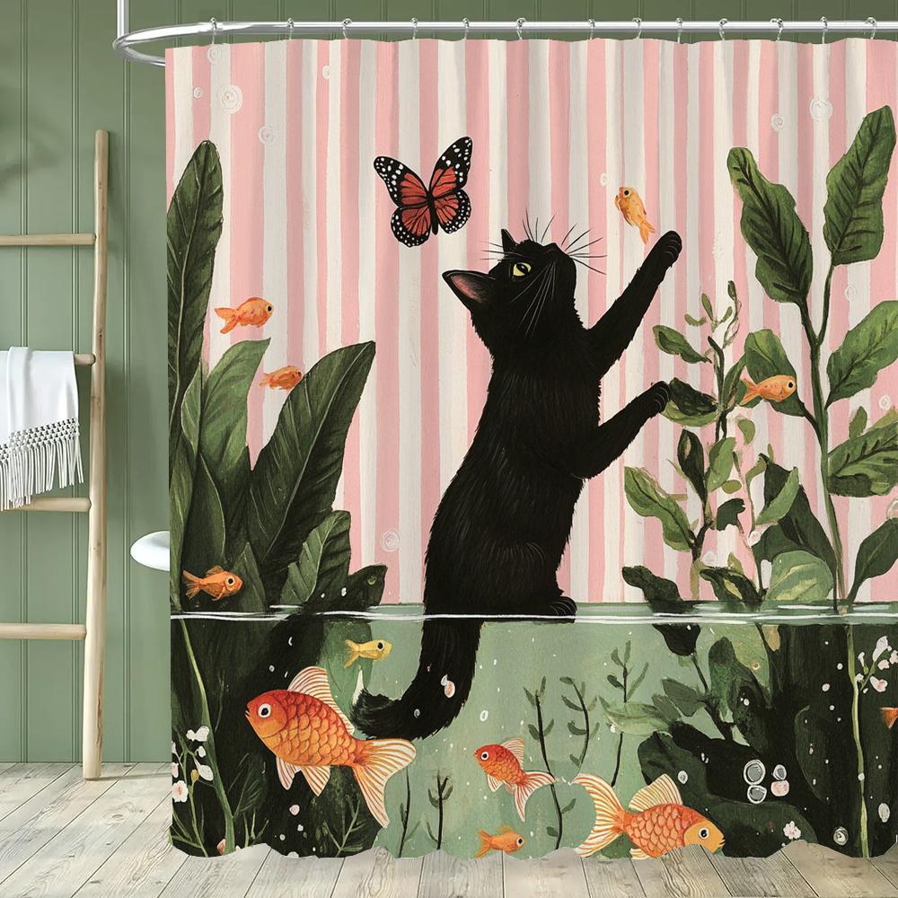 Cartoon Hipster Cat Shower Curtain - With Hooks, Easy To Clean, Adds a Quirky and Stylish Touch To Your Bathroom Decor Curtain