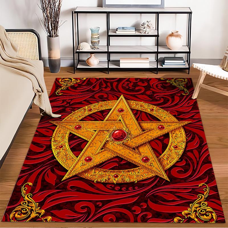Vintage Red and Gold Pentagram Pattern Carpet with Ornamental Details Suitable for use as an anti-slip for living room bedroom sofas