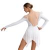 Womens Long Sleeve Bodysuit Dress Rhinestones Sheer Mesh Hem Buttoned Crotch Latin Dance Wear