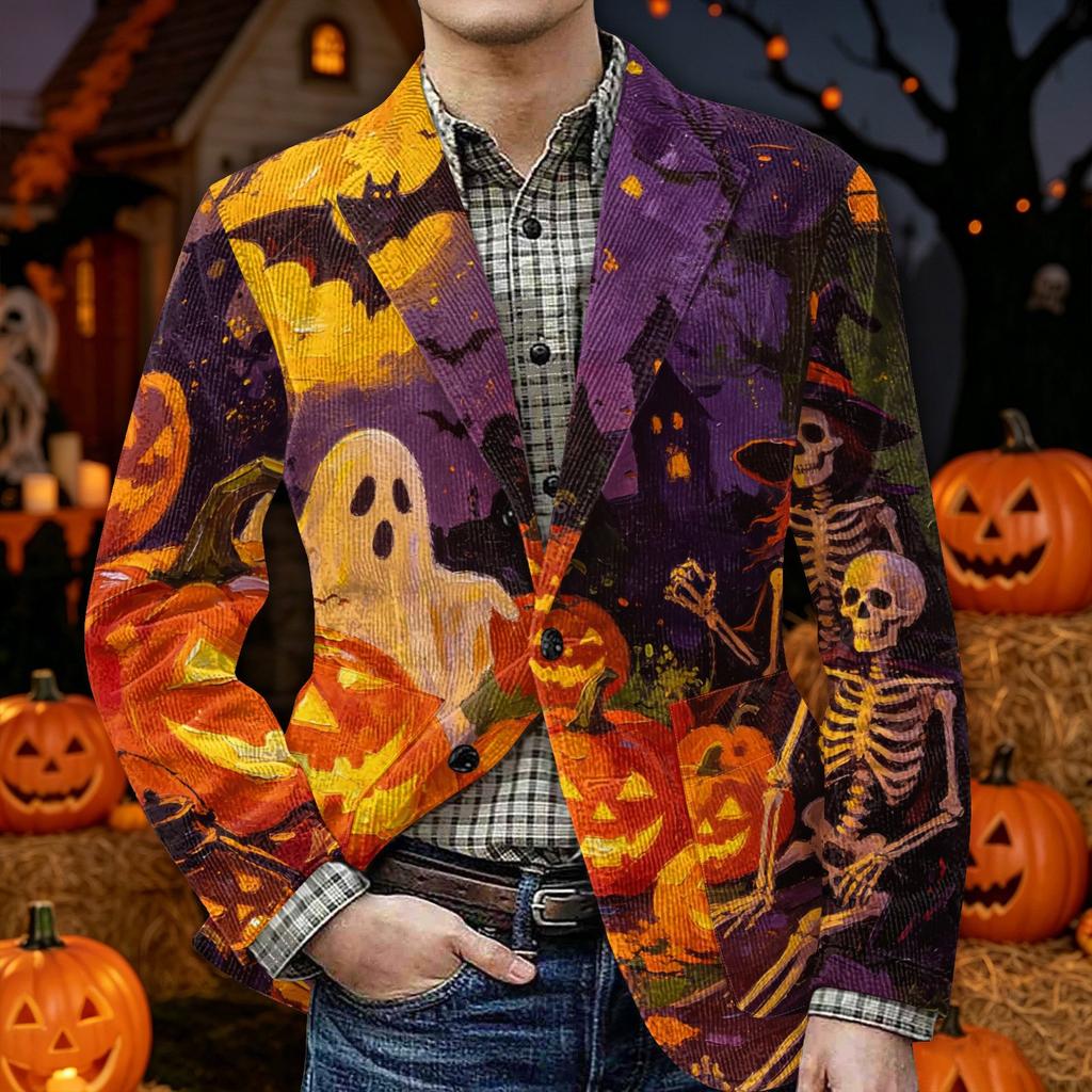 Men's Halloween Print Corduroy Warm Blazer Jacket with Pockets Casual Suit Coat Cardigan for Fall and Winter Wear