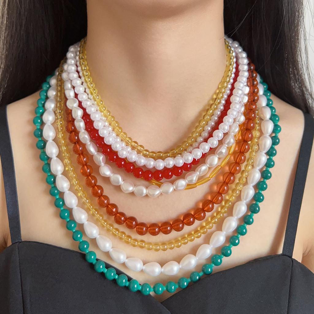 European and American new models, fashionable retro color multi-layer resin imitation pearl ins exaggerated bohemian women, necklace