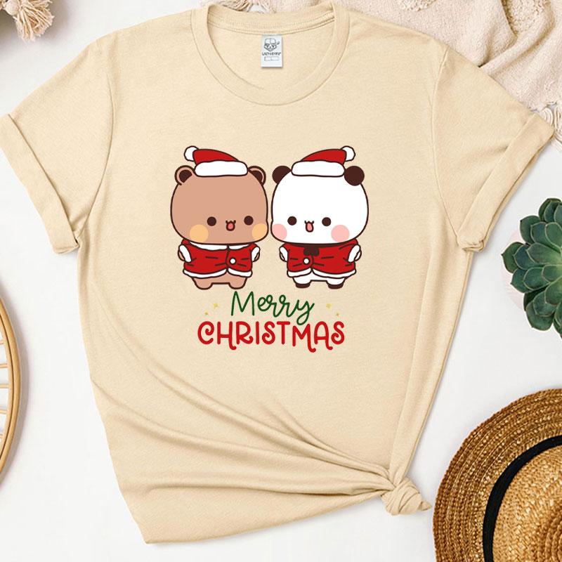 Kawaii SnowUnisex Bubu Dudu Christmas Graphic Tshirt Trendy Funny Cartoon Panda Printing Women Shirt Fashion Holiday Cotton Tees