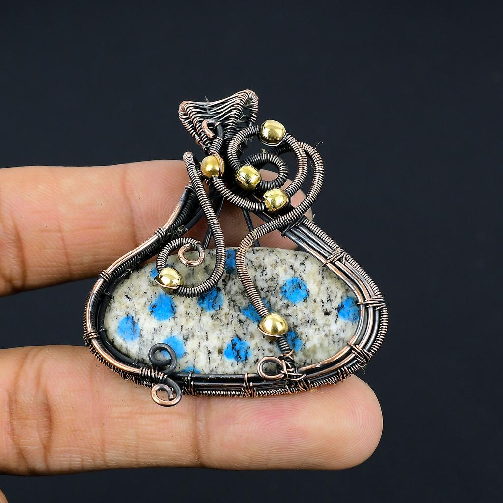 Natural K2 Blue Azurite Gemstone Handmade Copper Wire Wrap Pendant 2.28" Y8o88