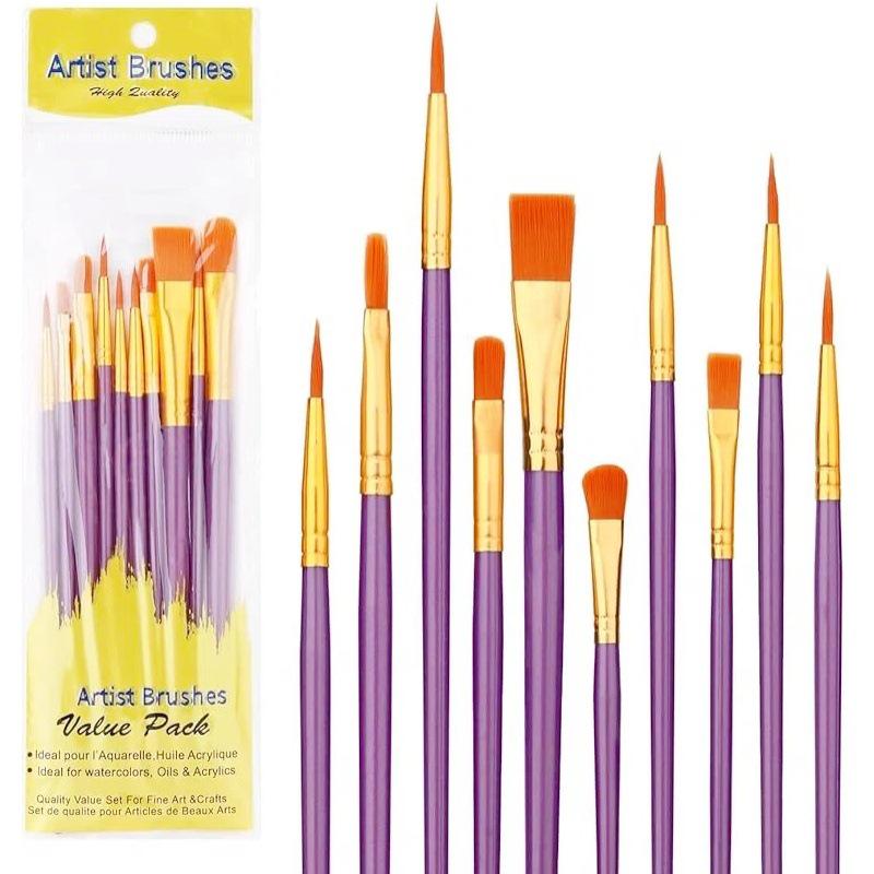 Children's Paintbrush Set: 10-Piece Long Handle Nylon Brushes for Oil, Acrylic, and Watercolor Painting.