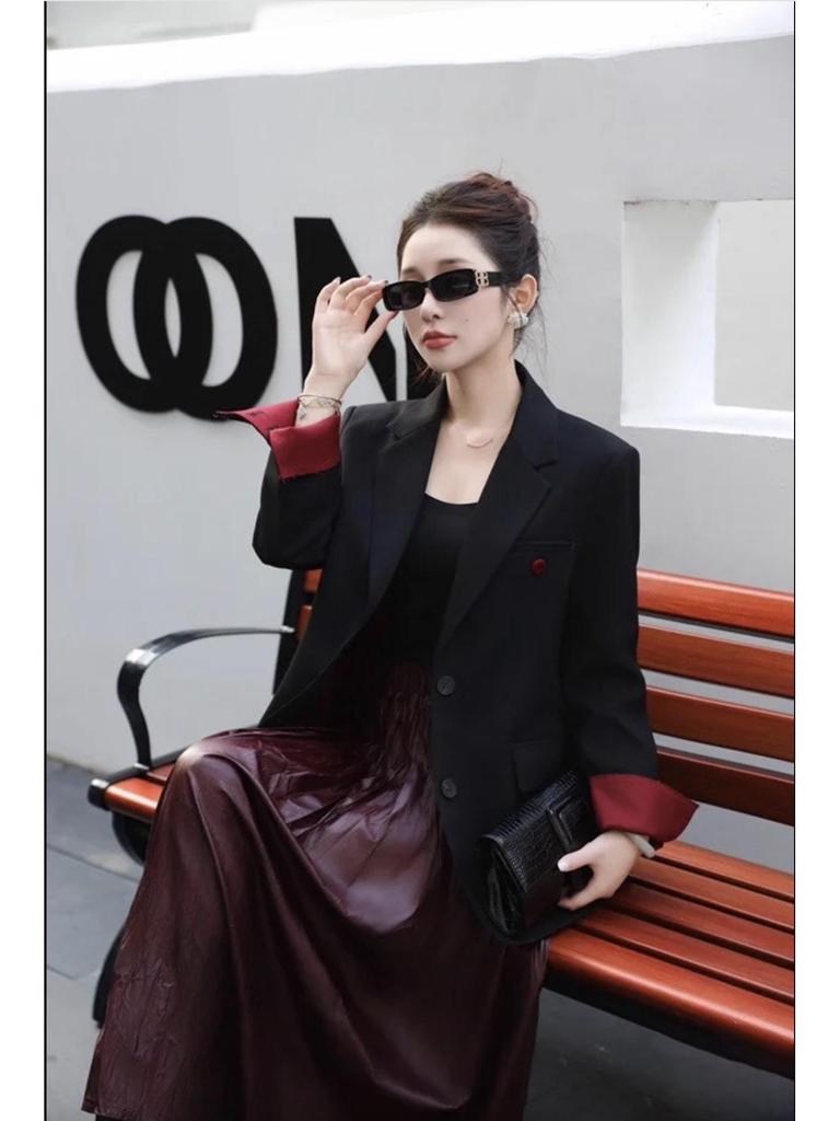 Ancola Damen Rot-Grau Patchwork Altersreduzierender Anzugjacke - 2025 Trendiger Streetstyle für Frühling & Herbst