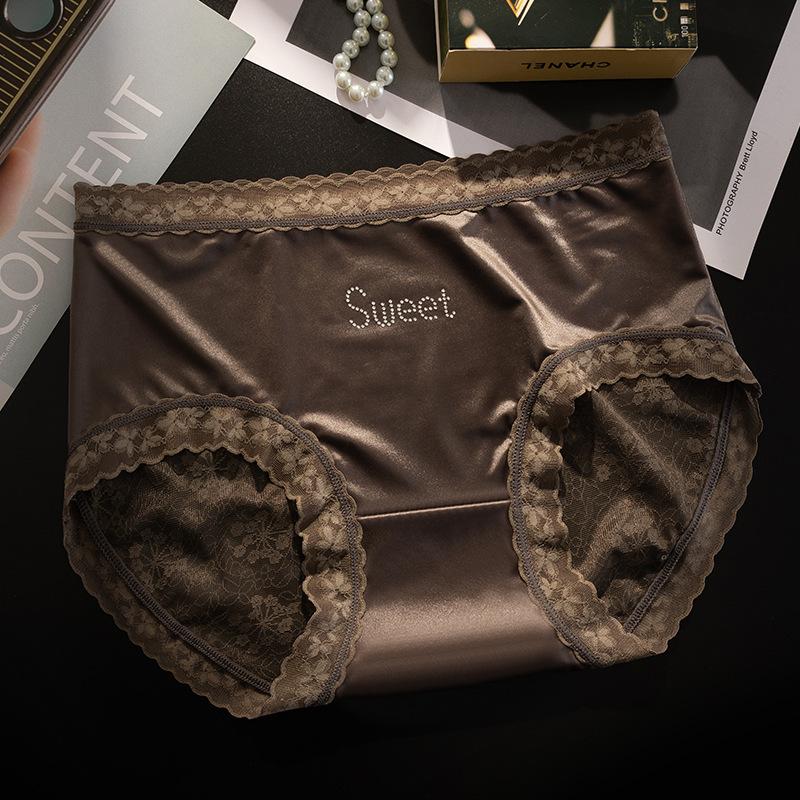 

Ladies Summer Lace Light Luxury Satin Antibacterial Crotch Ice Silk Sports Trackless Briefs XL коричневий