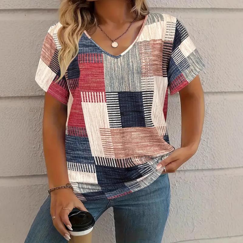 2026 New Fashion Women's Casual Versatile Square Pattern Short Sleeve V-Neck T-Shirt