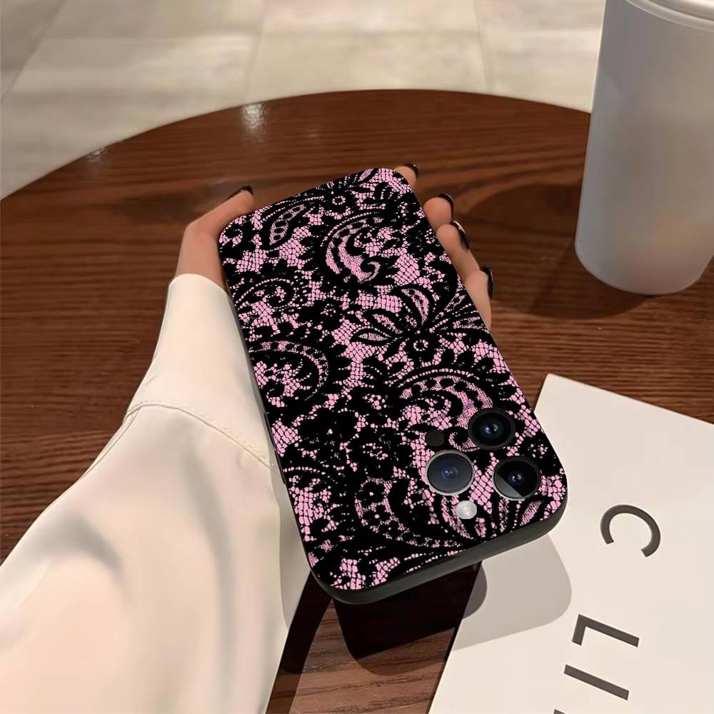 Lace Print Phone Case For iPhone 17,16,15,14,13,12,11,Pro,Max,Plus Soft Black Cover