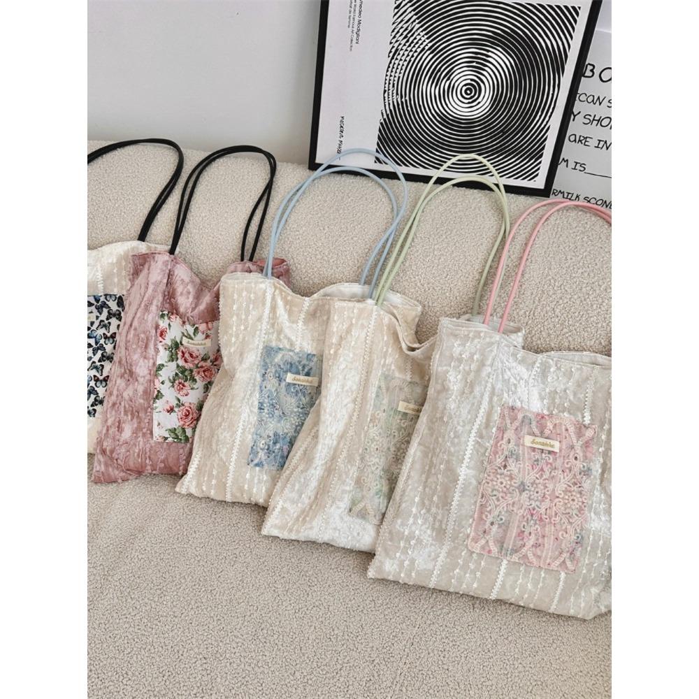 Pearl Light Niche Design Canvas Bag Large-capacity Commuter Bag Lace Hand-held Shoulder Bag for Girls