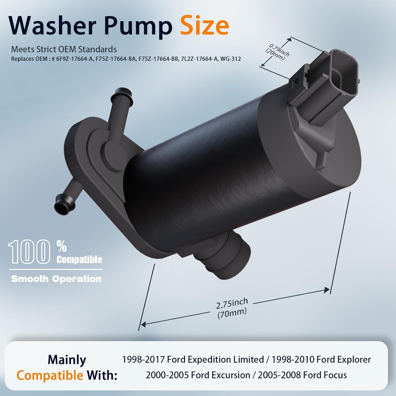 

Windshield Washer Pump Fit 98-17 Ford Expedition, 98-10 Explorer, Washer Fluid Pump with 1 * 2M Spray Hose +11 Connectors | OEM 6F9Z-17664-A