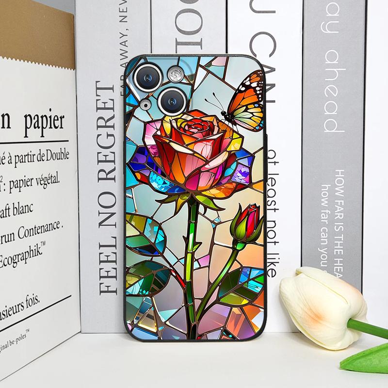 Colorful Glass Style Rose Flower Pattern Phone Case for iPhone 17 16 12 11 14 Plus 13 14 15 Pro Max Mini X XS Floral Soft Cover
