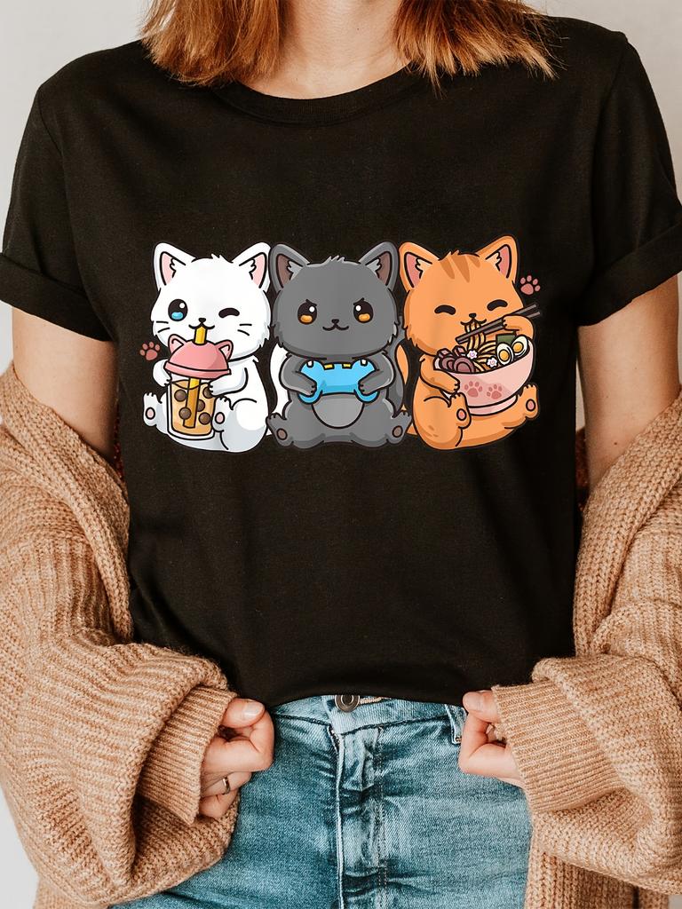 Cat Print Crew Neck T-shirt Short Sleeve Casual Top For Summer & Spring Women's Clothing Shirt Tops Camisetas Mujer