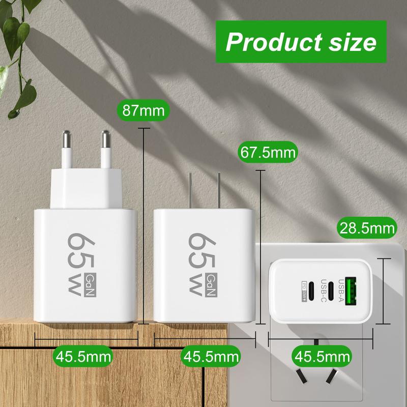 65W GaN Reise-Ladegerät EU-Stecker Dual USB C + USB A Port Schnelllade-Wandadapter Kompaktes Ladegerät für Telefon Laptop Tablet