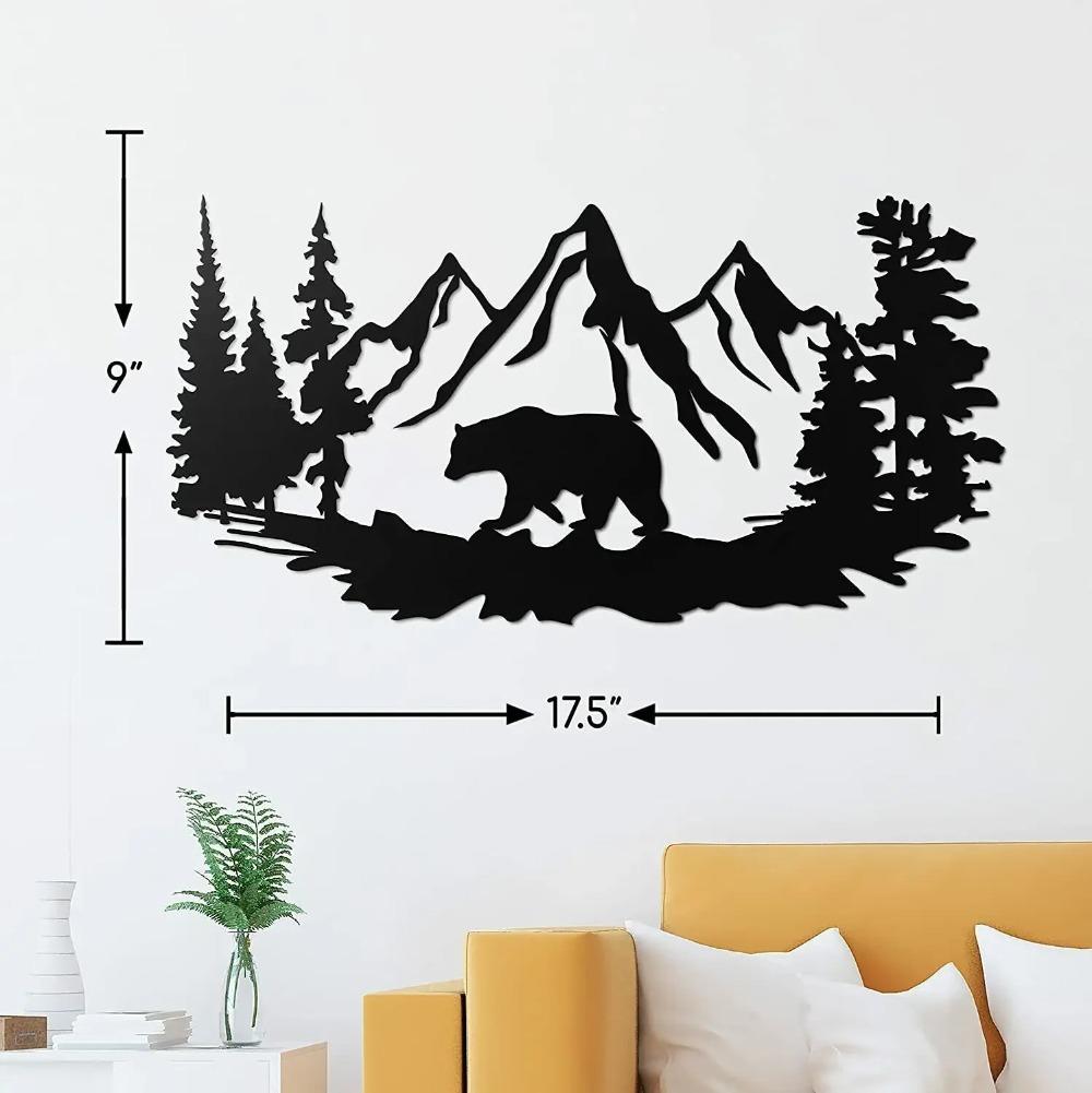 

Настенное искусство с изображением медведя размером 17,5”X9” для домика или хижины — деревенская сцена охоты с металлическим настенным декором в виде сосны — идеально подходит для декора домика чёрный