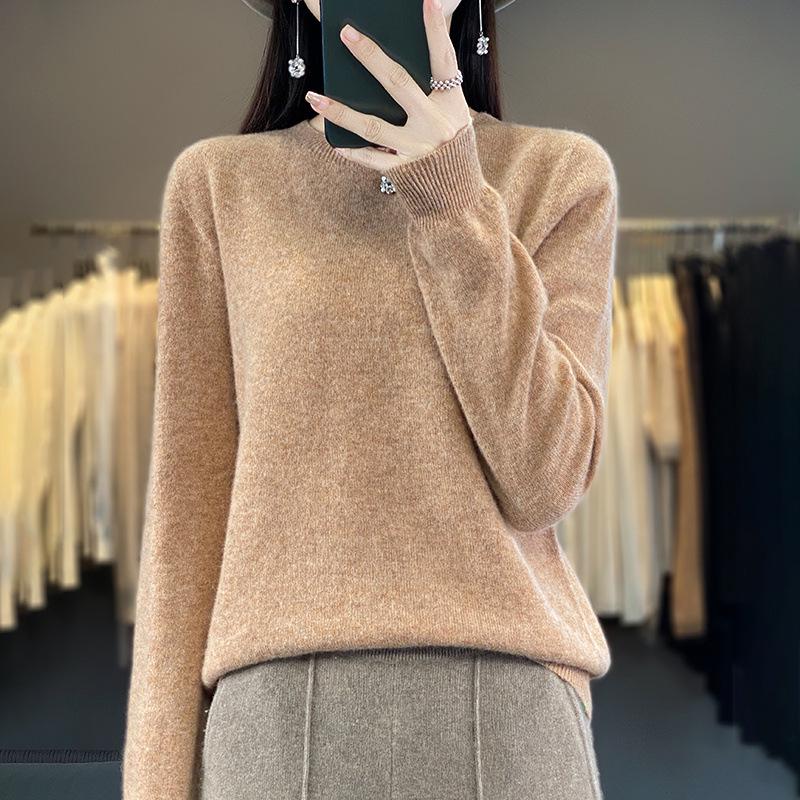 Women's 100% Wool Round Neck Sweater – Casual, Loose Knitwear, Minimalist Base Layer