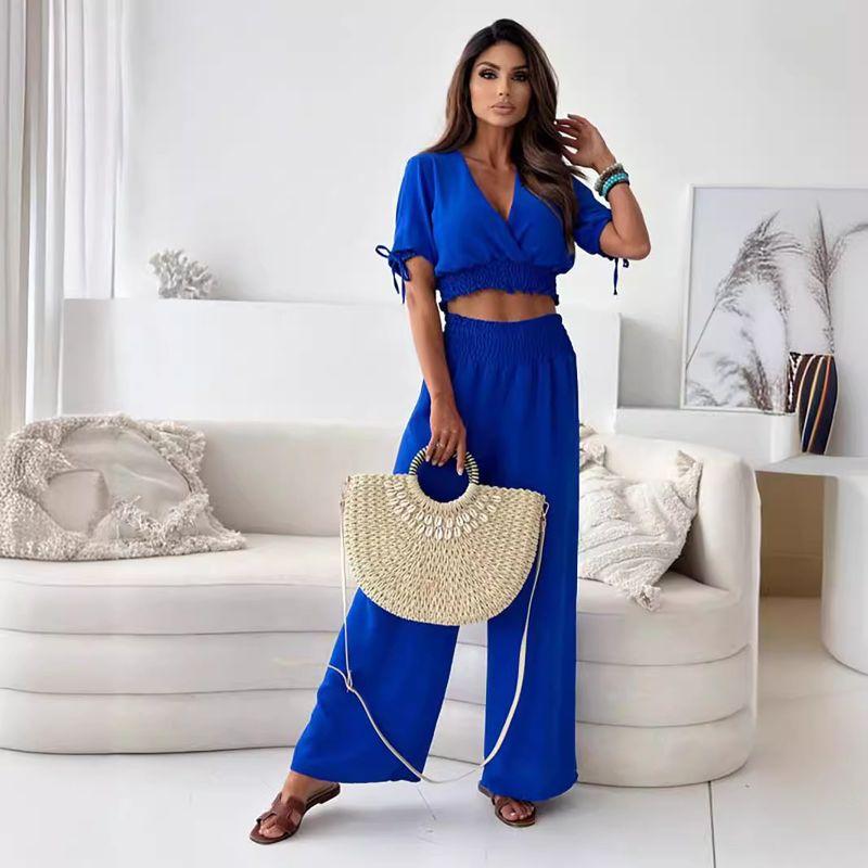 

Wide-Leg Pants V-neck Top Set Solid Color Half Sleeve V Neck Tops Loose Pants Two-piece Set Female 109213 Blue S