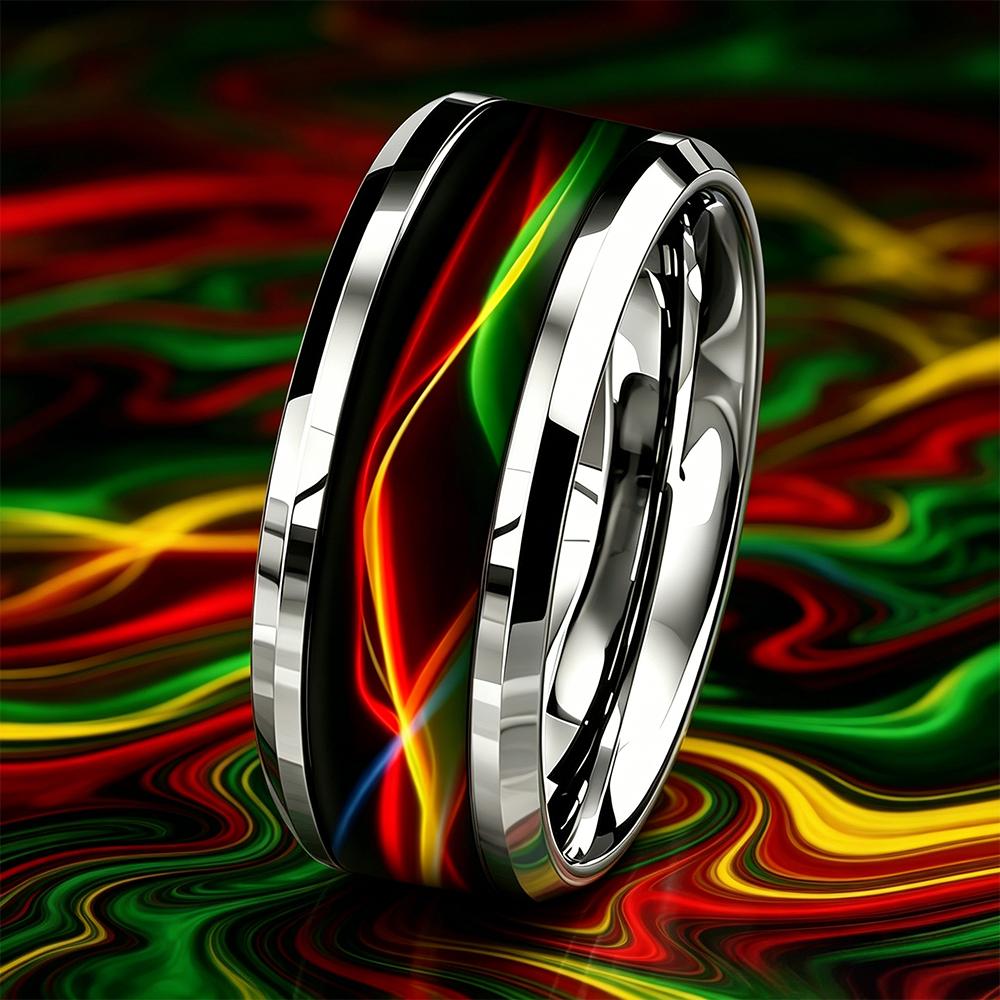 Cyberpunk Regenbogen Aurora Maserung Einlage Galaxie Stil Herren Edelstahlringe, Polierte abgeschrägte Kantenringe für Herren Eheringe 13 white