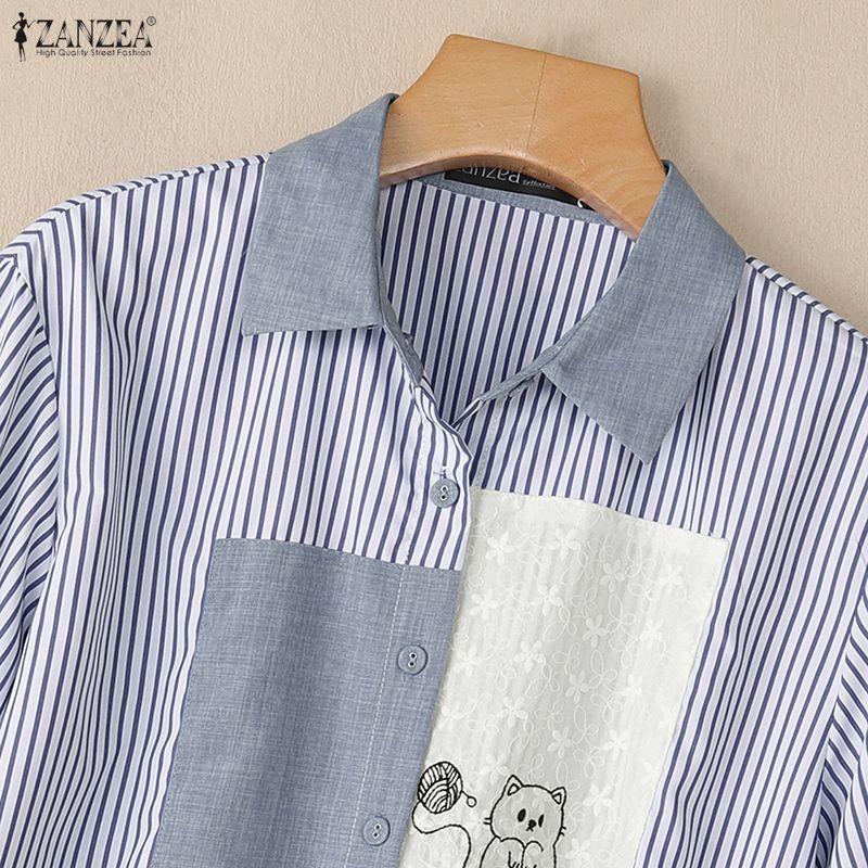 ZANZEA Women Casual Turn Down Collar Loose Short Sleeve Stripe Blouse