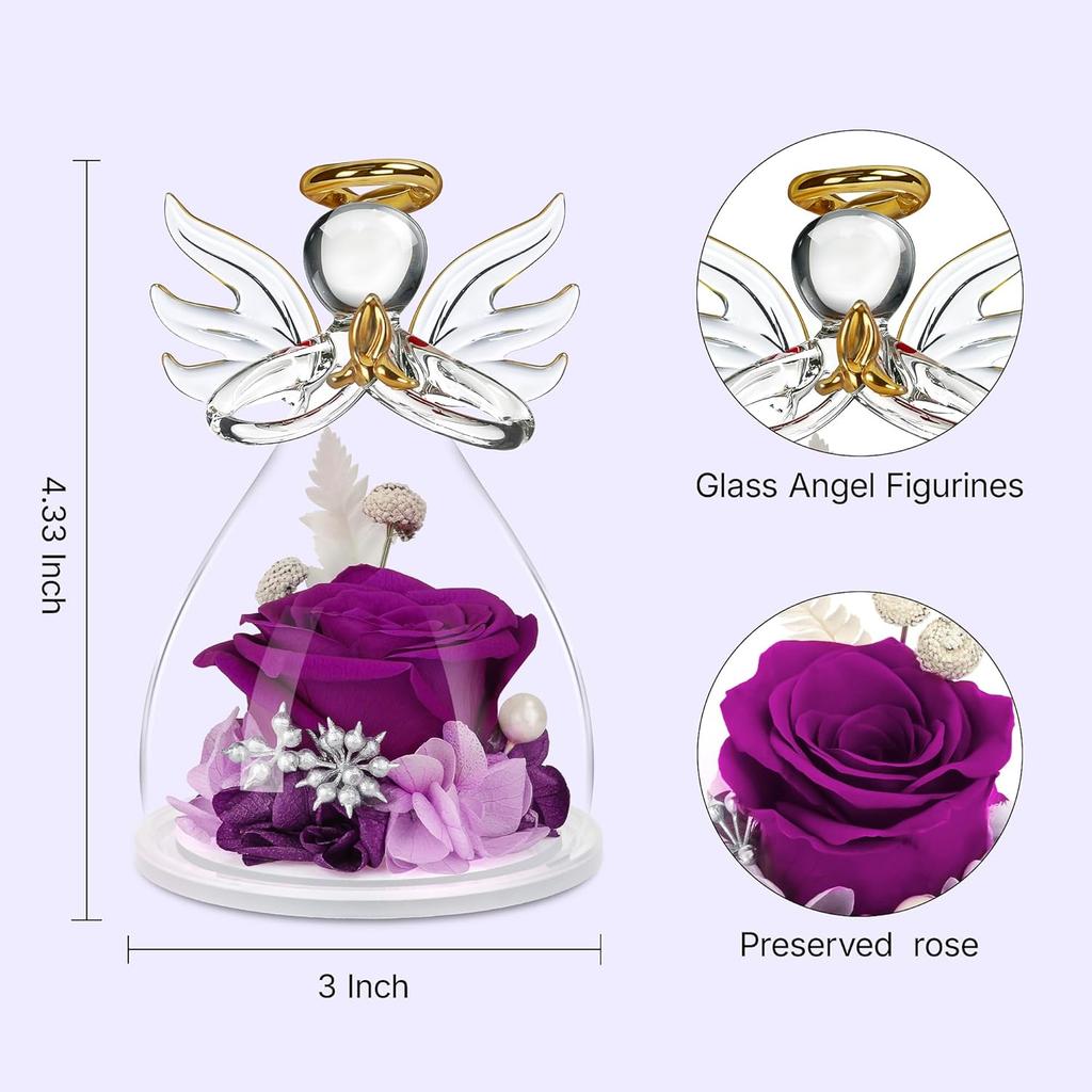 Preserved Flowers Rose in Glass Angel Figurines,Birthday Gifts for Women,Christmas Rose Gifts for Her Women Mom,Valentines Present,Purple Flowers for