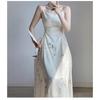 Women's Cream Spaghetti Strap Midi Square Neck Ruched Waist Abstract Line Print Elegant Party Dress