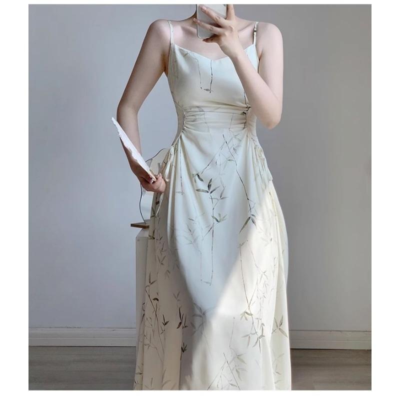 Women's Cream Spaghetti Strap Midi Square Neck Ruched Waist Abstract Line Print Elegant Party Dress