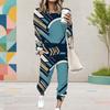 Women Plus Size Two Piece Set Round Neck Long Sleeve Geometric Printed Cuffed Top Cuffed Pants With Pockets