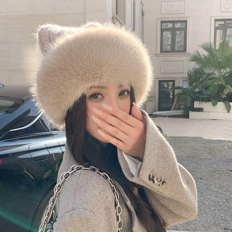 Fashionable and Adorable Cat Ear Hat Autumn Winter Versatile Knitted Hat Thickened Large Circumference Women's Plush Hat