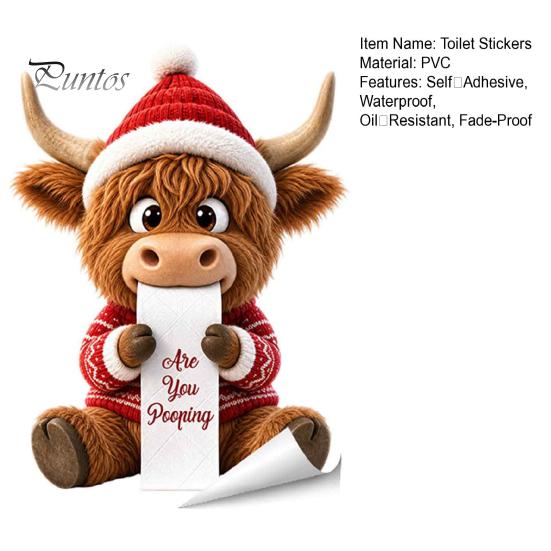 Cartoon Xmas Toilet Seat Cover Stickers Christmas Stickers, Self?Adhesive Waterproof PVC Wall Decals, 3D Colorful Reindeer Santa Tank Lid Decor for