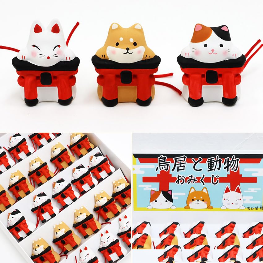 Osaka Choseido Torii Gate and Animal Fortune Slip Set Ceramic Shiba Inu Fox Height Includes free original wooden tag (25 pieces) - - Maneki-neko