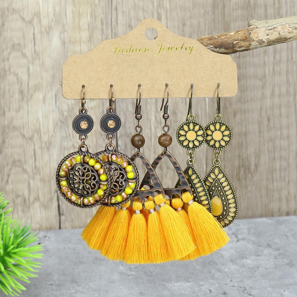 Bohemian Ethnic Style Earrings Set for Women Creative Retro Drop Oil Rhinestoen Water Drop Tassel Earring Female Jewelry
