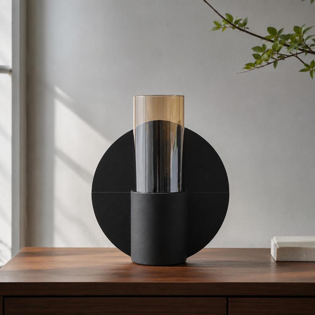 Black Metal Vase with Glass Vessel Decorative Sculptural Sleek