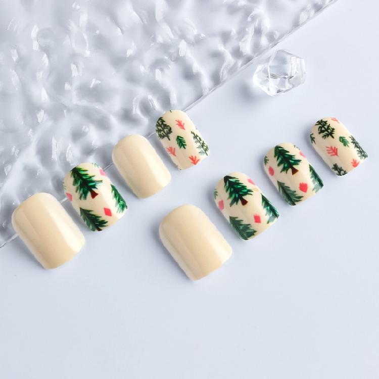 24Pieces Christmas Party Artificial Nail Green Red Tree Press On Nail ABS Material No Glues Needed Nail Art